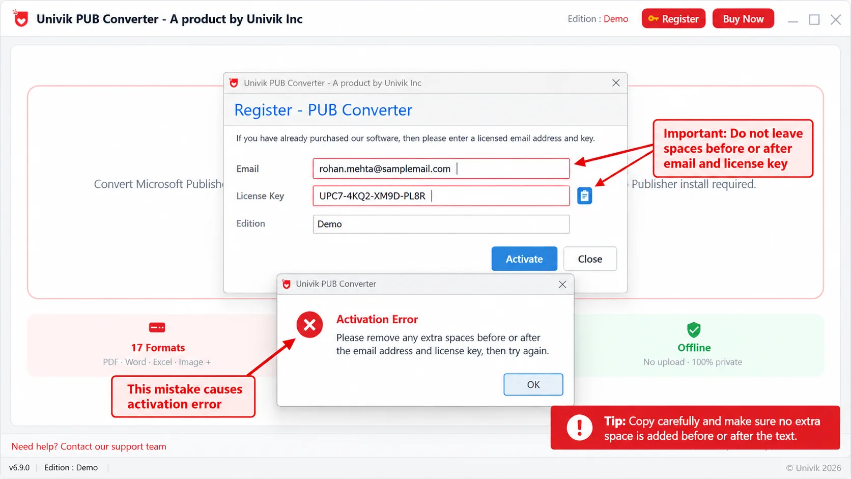 Univik PUB Converter Activation Error caused by an extra space after the email address and license key