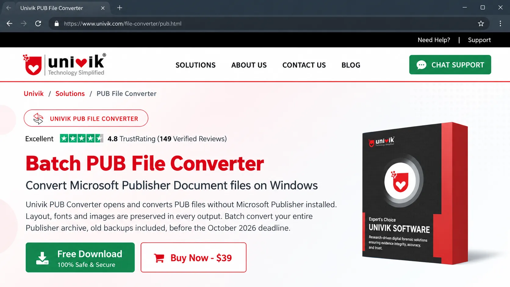 The Univik PUB Converter download page with the green Download button marked as step 1