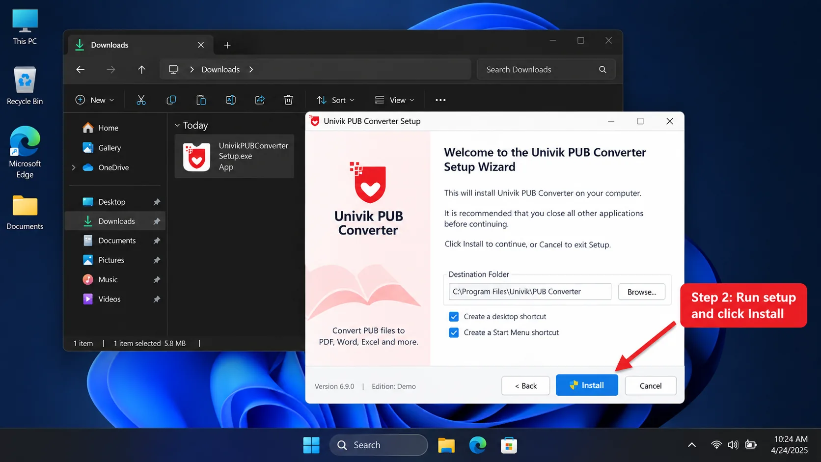 The Univik PUB Converter setup wizard with the Install button marked as step 2