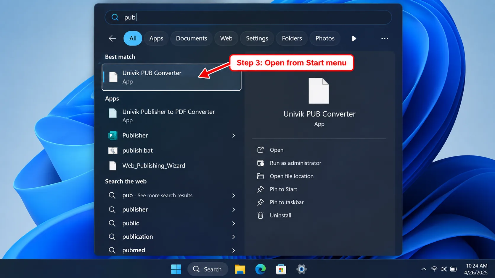 The Windows Start menu search showing Univik PUB Converter as the best match, marked as step 3