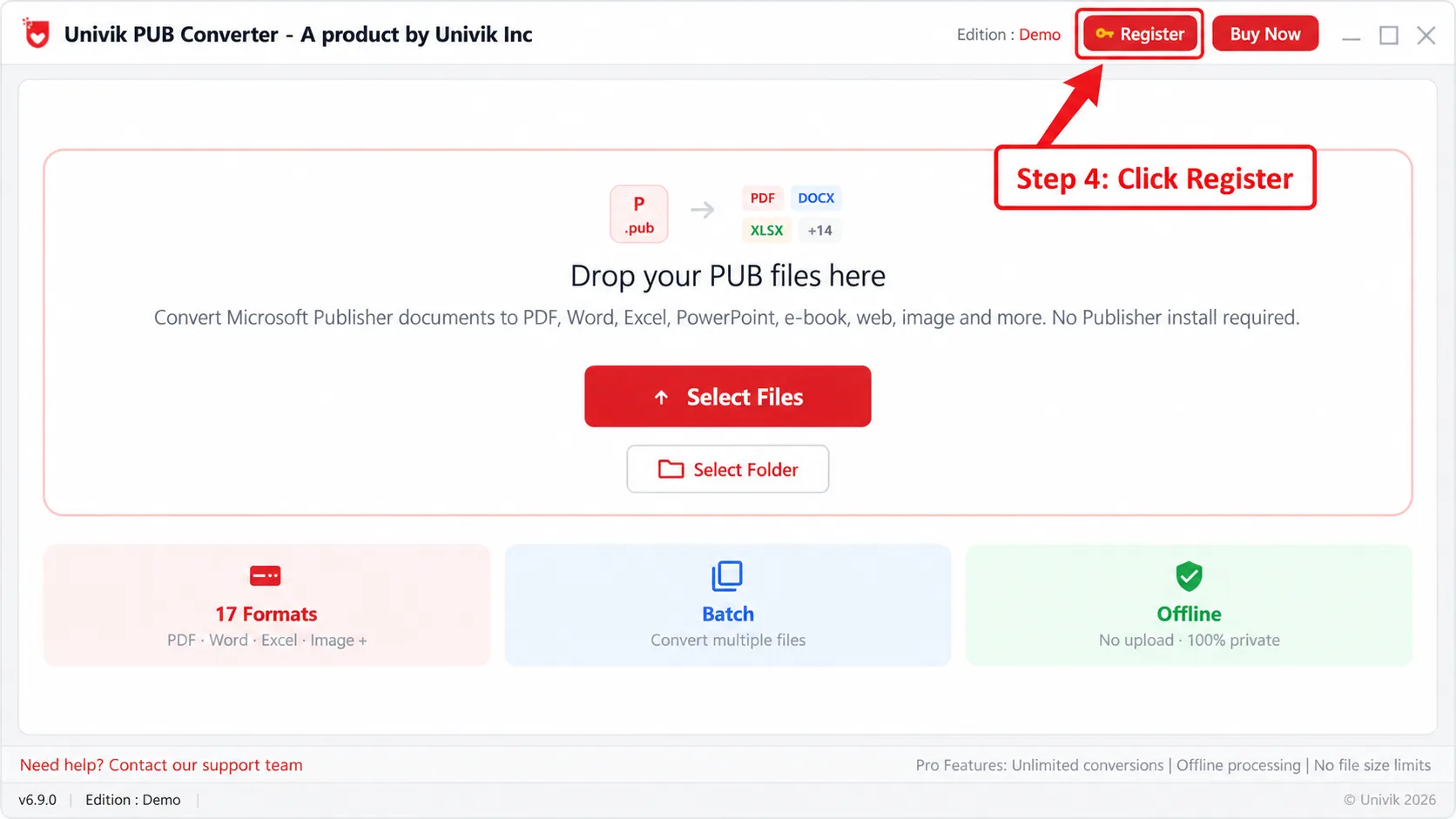 The Univik PUB Converter main window with the red Register button in the top right marked as step 4
