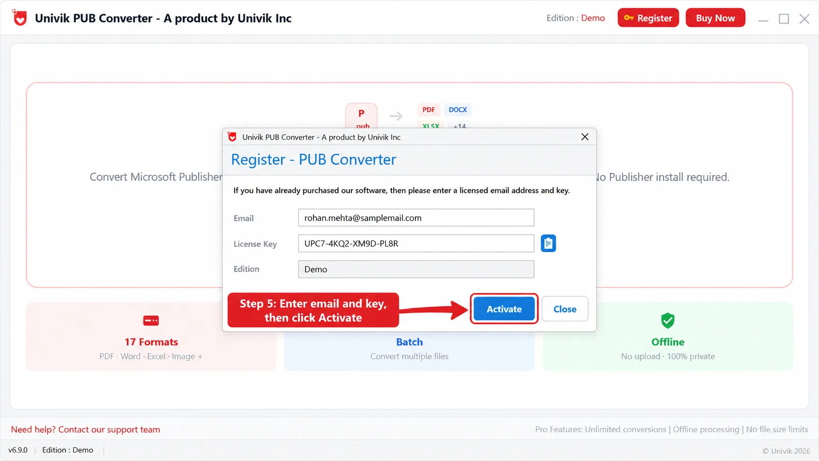 The Register window in Univik PUB Converter with the email and license key filled in and the Activate button marked as step 5