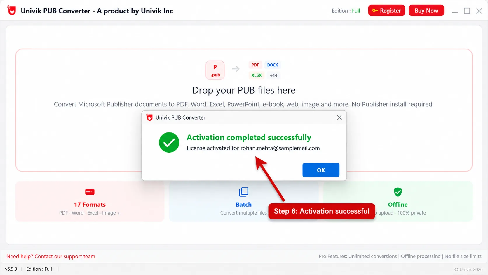 The Univik PUB Converter activation success message with a green tick, marked as step 6