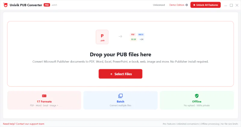 Univik PUB Converter welcome screen with a drop zone to add a single PUB file or a folder for batch conversion