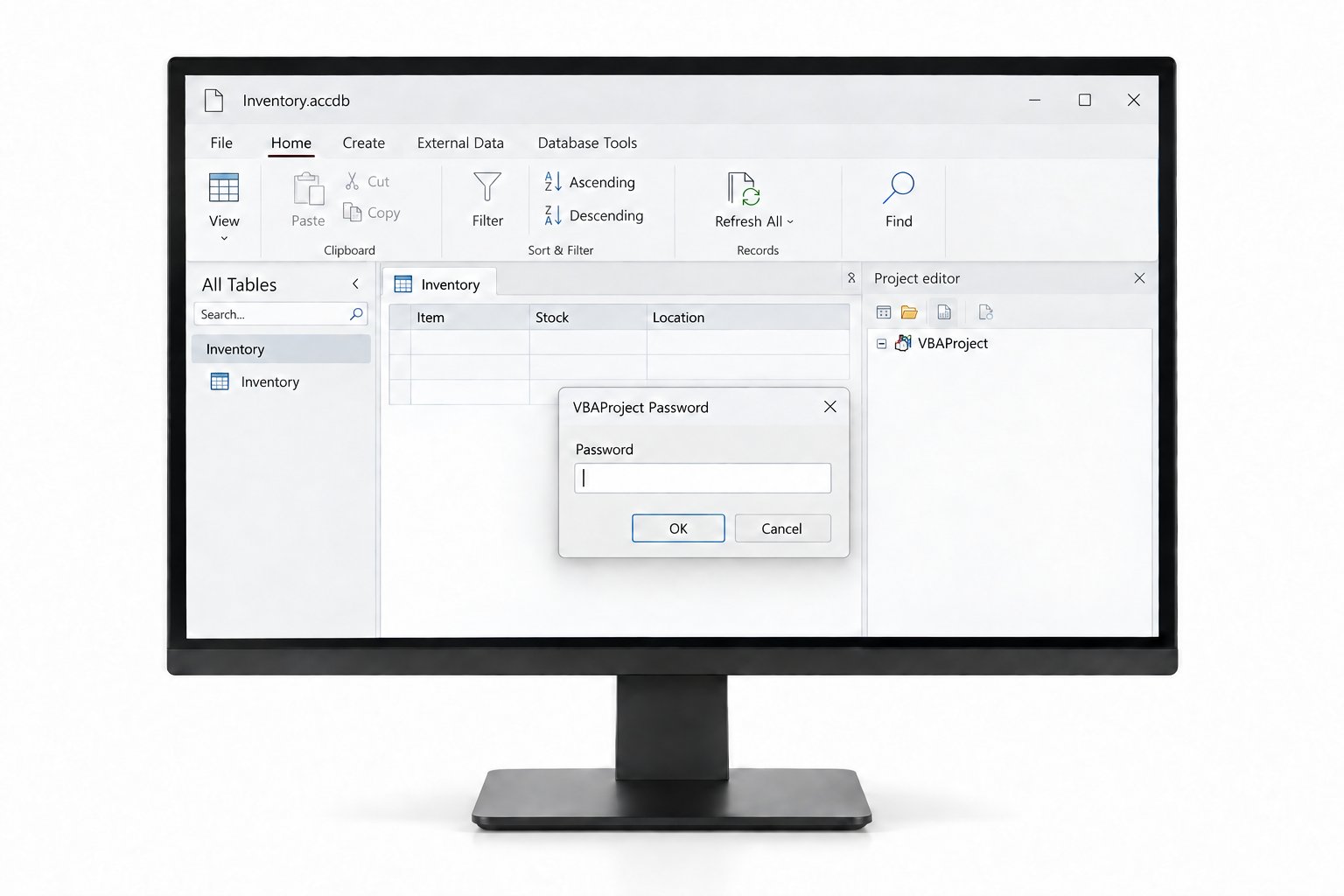 An open database table beside a VBA project password prompt on a desktop monitor.