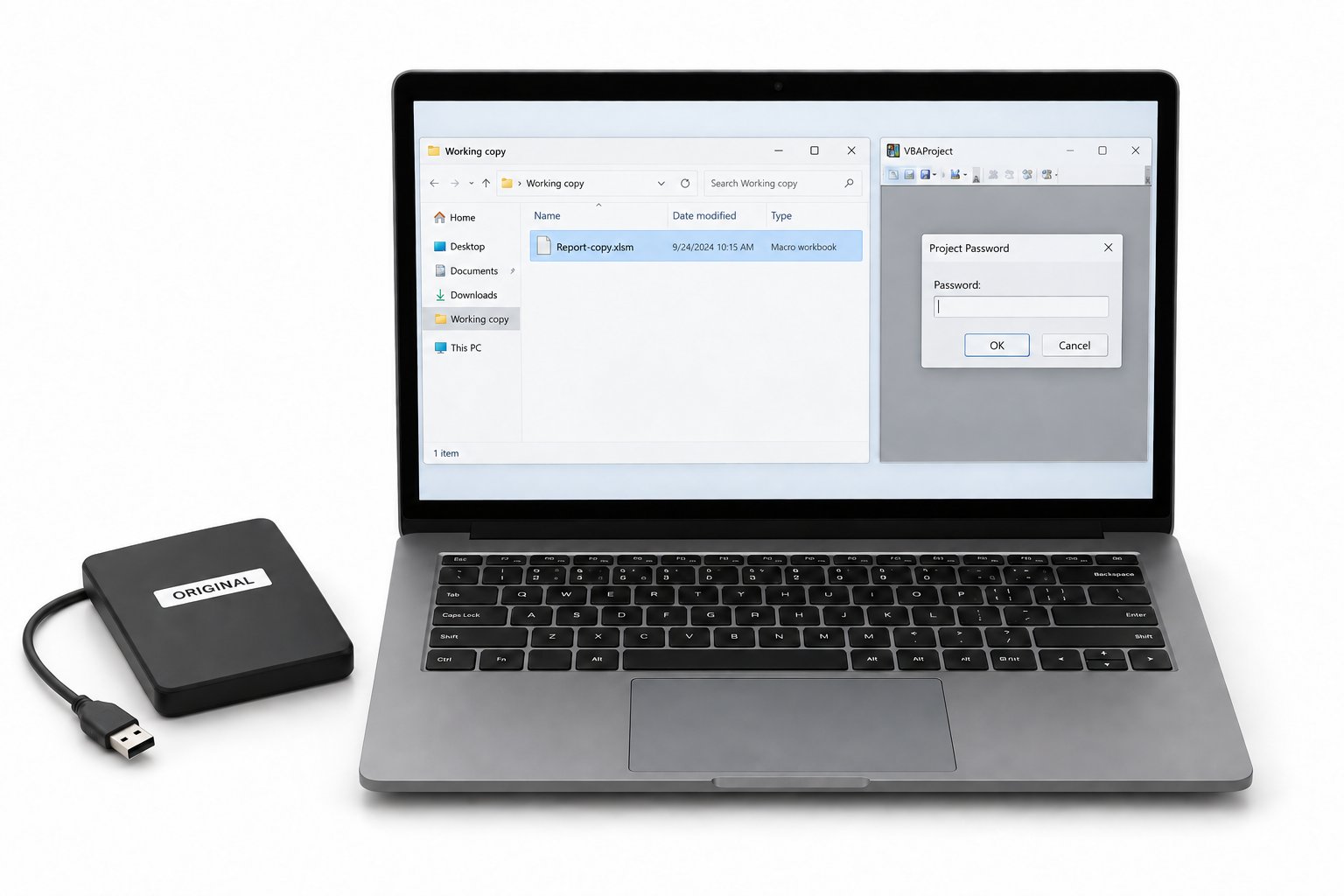 A duplicate macro workbook on a laptop with its original stored on a disconnected backup drive.