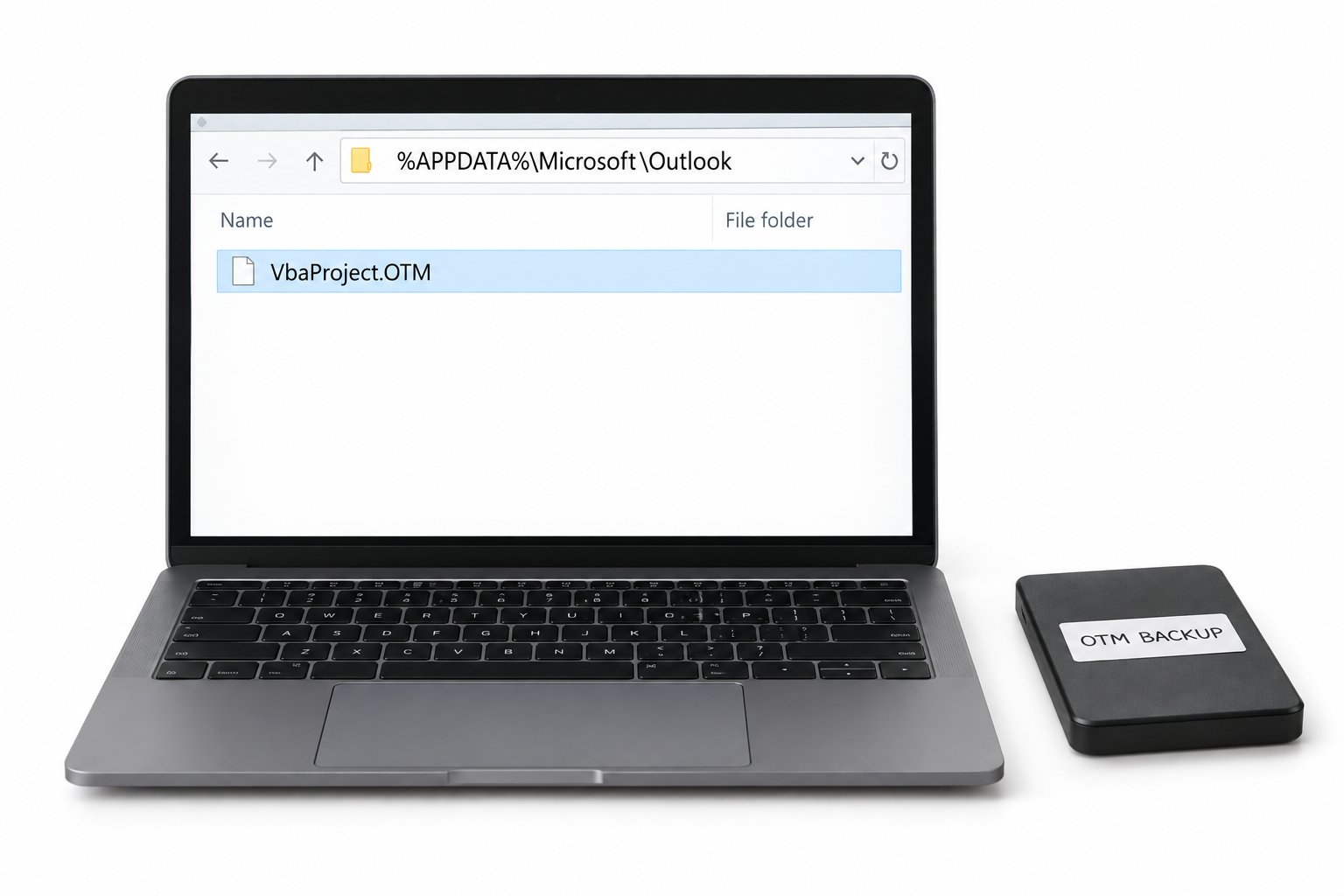 The VbaProject.OTM file in its Outlook profile folder, with a separate OTM backup drive.