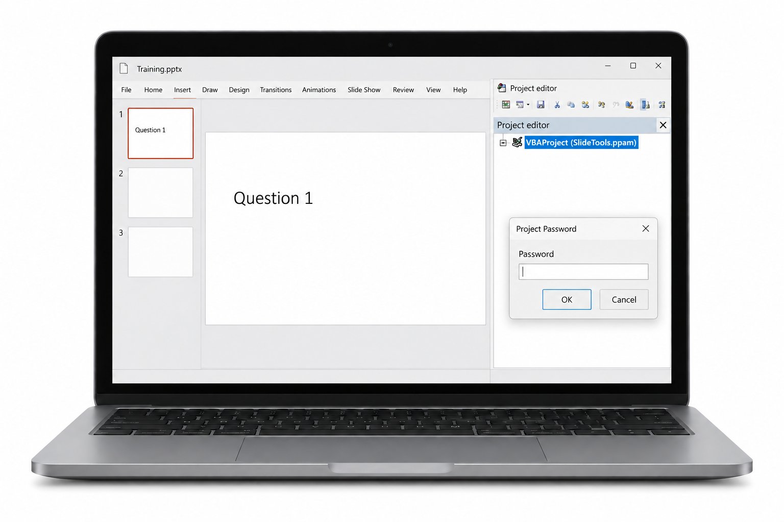 An open presentation beside a password prompt for the SlideTools.ppam add-in.