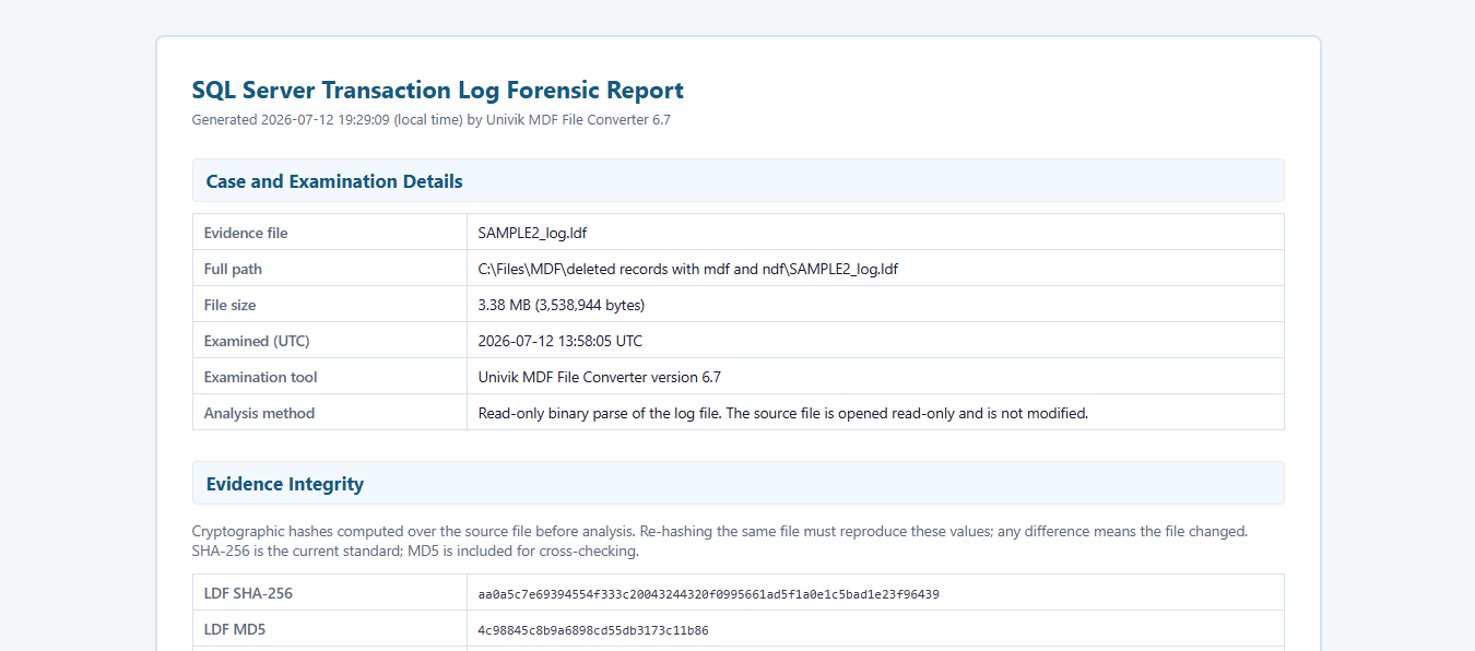 SQL Server transaction log forensic report showing case details, evidence hashes and visual analysis