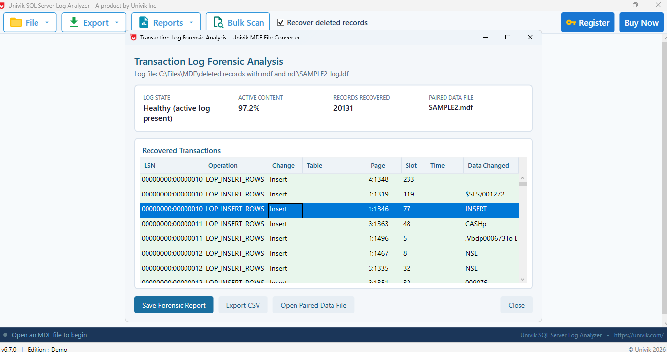Reviewing recovered log operations with table, page and time in the SQL Log Analyzer