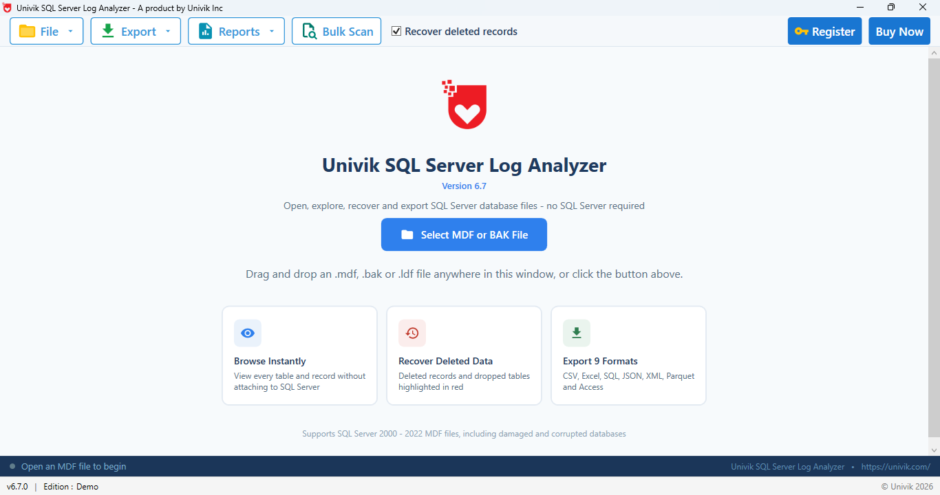 Univik SQL Log Analyzer opening a SQL Server .ldf transaction log for read-only analysis