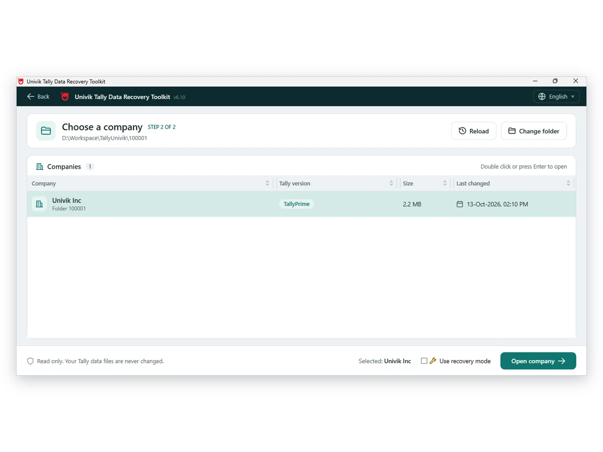 Choose a company screen in Univik Tally Data Recovery Toolkit with Univik Inc, folder 100001, and a Use recovery mode box