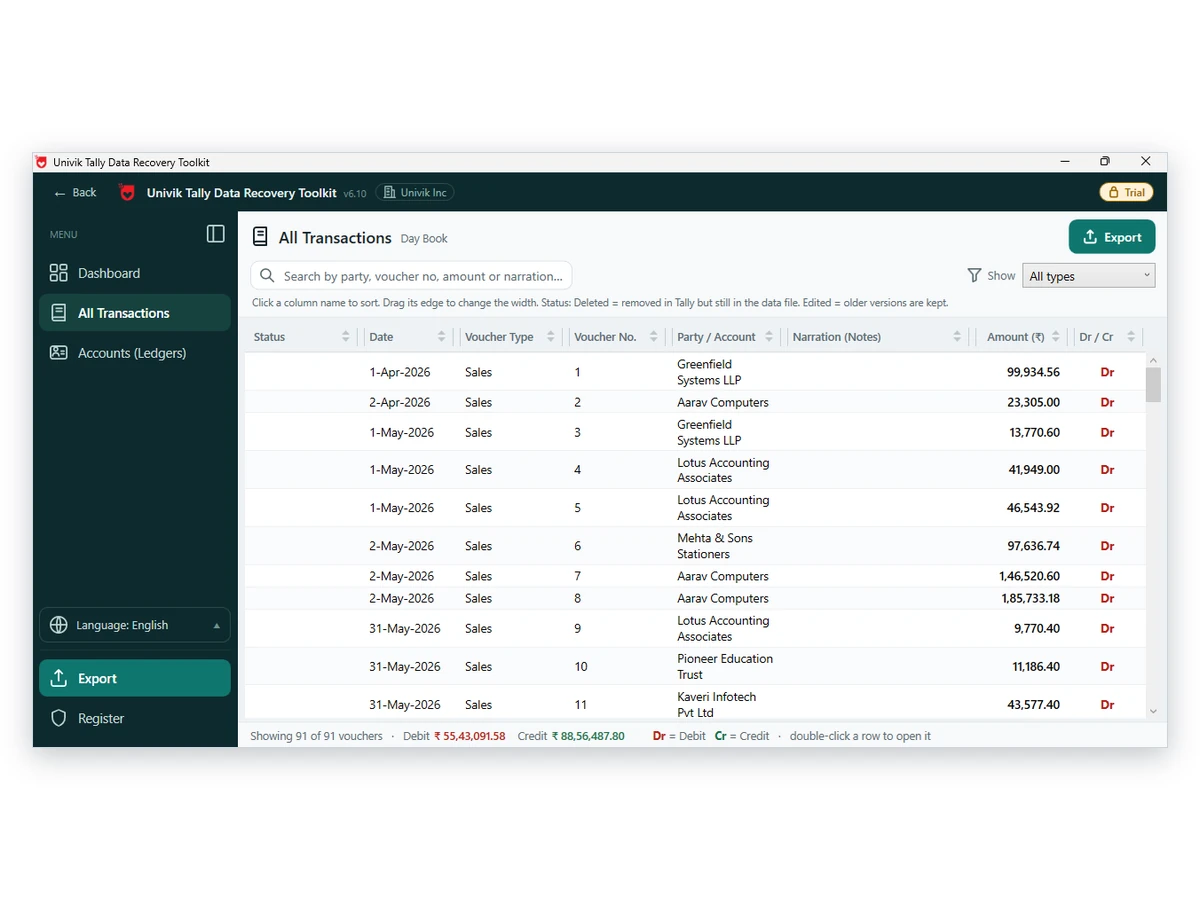 All Transactions (Day Book) screen with a search box, an All types filter, a Status column and 91 vouchers by date