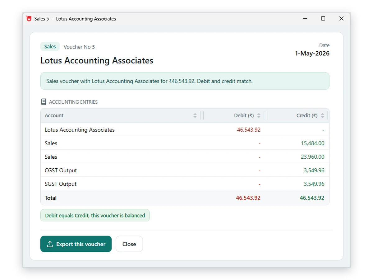 Sales voucher 5 for Lotus Accounting Associates with accounting entries; debit and credit both 46,543.92; marked balanced