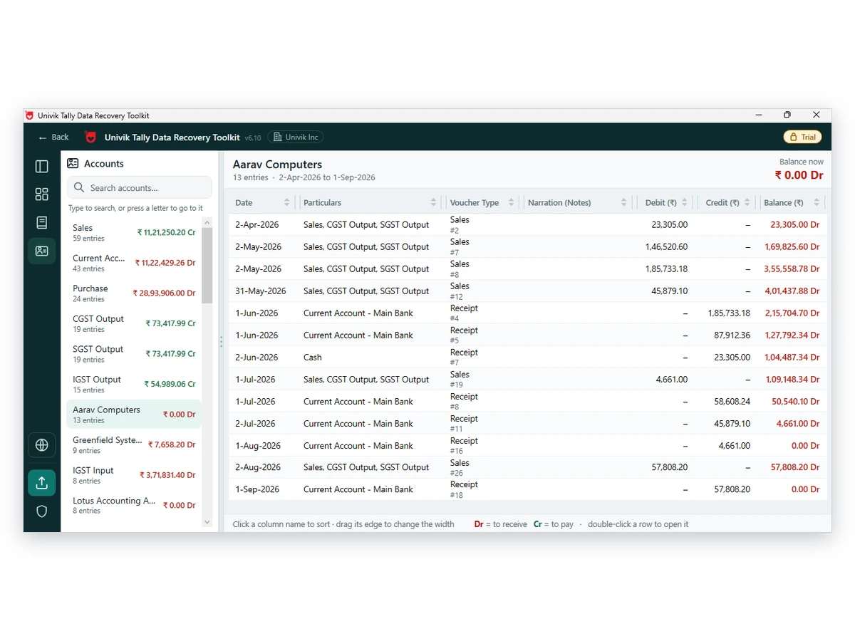 Accounts screen showing the ledger of Aarav Computers: 13 entries with a running balance that ends at 0.00 Dr