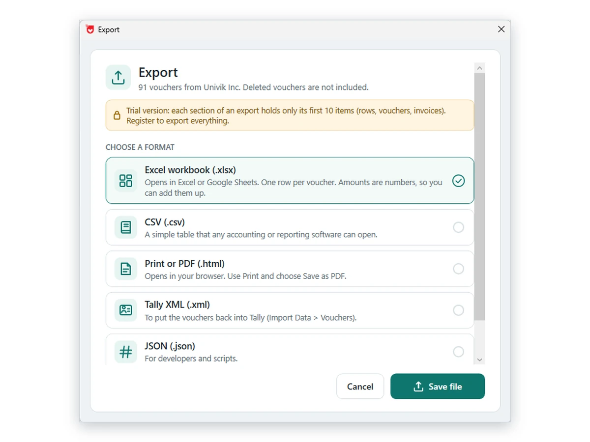 Export window with five formats: Excel workbook, CSV, Print or PDF, Tally XML and JSON, plus a trial note