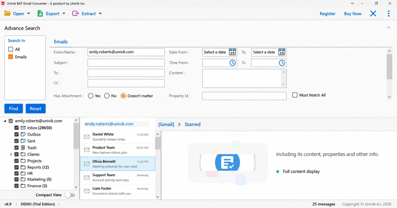 Advanced Search panel in Univik BAT Email Converter with sender, subject, date, content and attachment fields and a folder tree