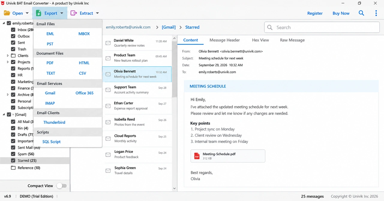 Export menu of the converter with Thunderbird under Email Clients and MBOX under Email Files