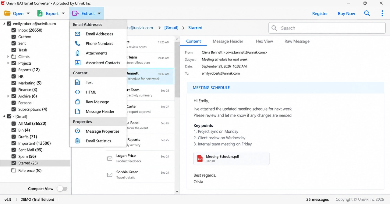 Extract menu in Univik BAT Email Converter with five options for attachments, addresses, phone numbers and contact photos