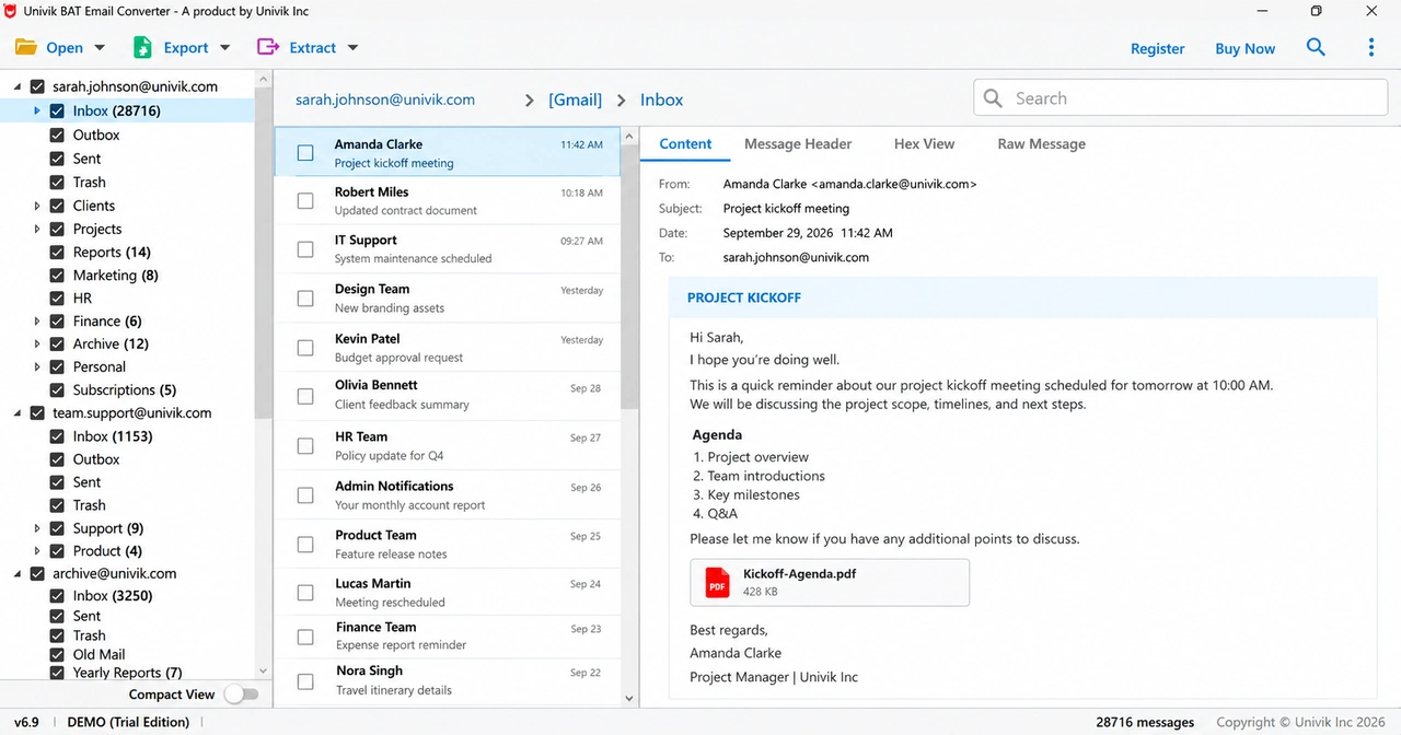 Converter main window with The Bat! account folders, message counts, message list and preview tabs