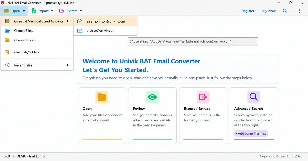 Univik BAT Email Converter Open menu listing configured The Bat! accounts with the AppData folder path shown on hover