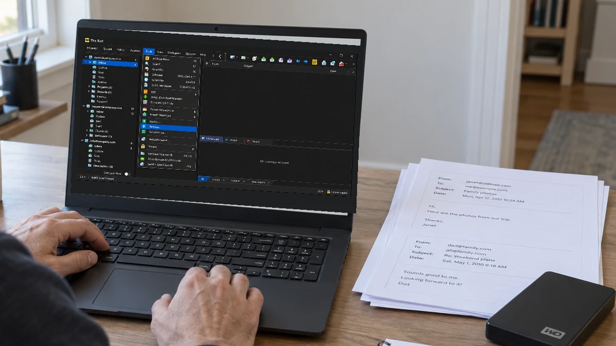 The Bat! Backup and Restore menu displayed on a laptop, with a sample mailbox open.