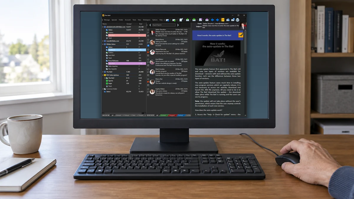 The Bat! main window, including its Quick Search field, displayed on a desktop monitor.