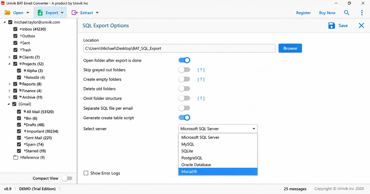 SQL Export Options screen in Univik BAT Email Converter with the Select server list open