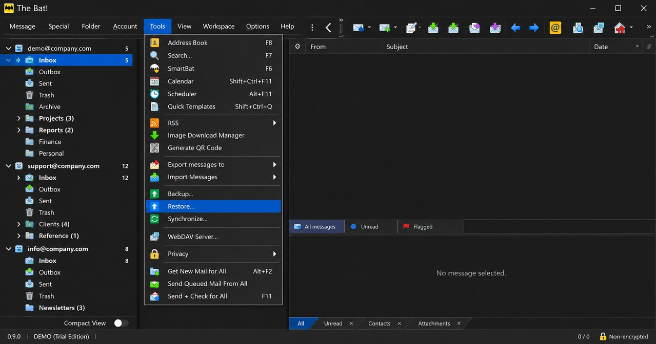 Tools menu in The Bat! 12.3.1 with the Export messages to item