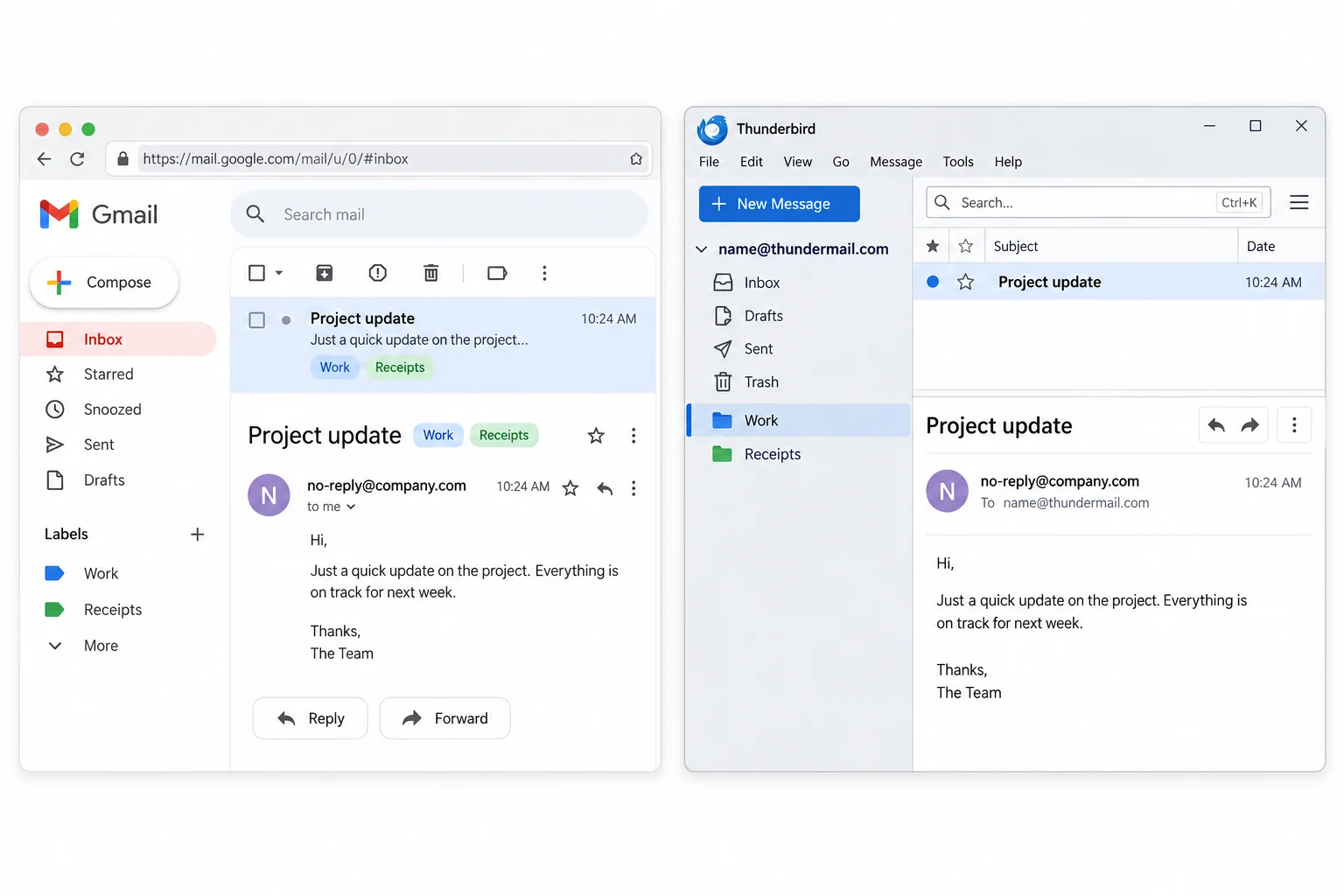 Gmail message labeled Work and Receipts beside corresponding folders in a Thundermail account.