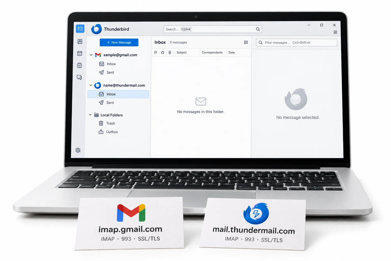 Gmail and Thundermail accounts in Thunderbird beside their IMAP server settings.