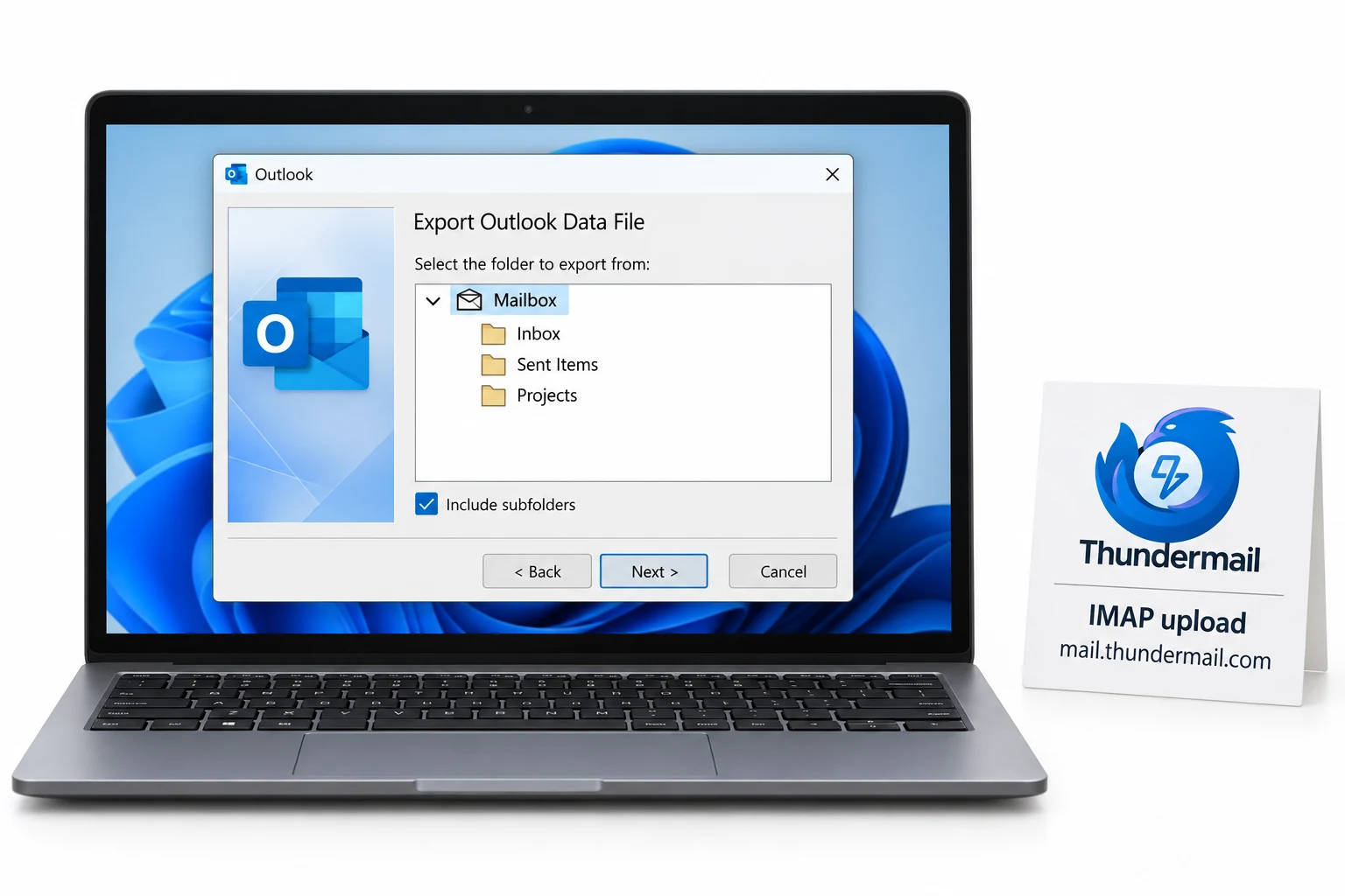 Classic Outlook Export Outlook Data File wizard with Include subfolders checked beside a Thundermail IMAP card.