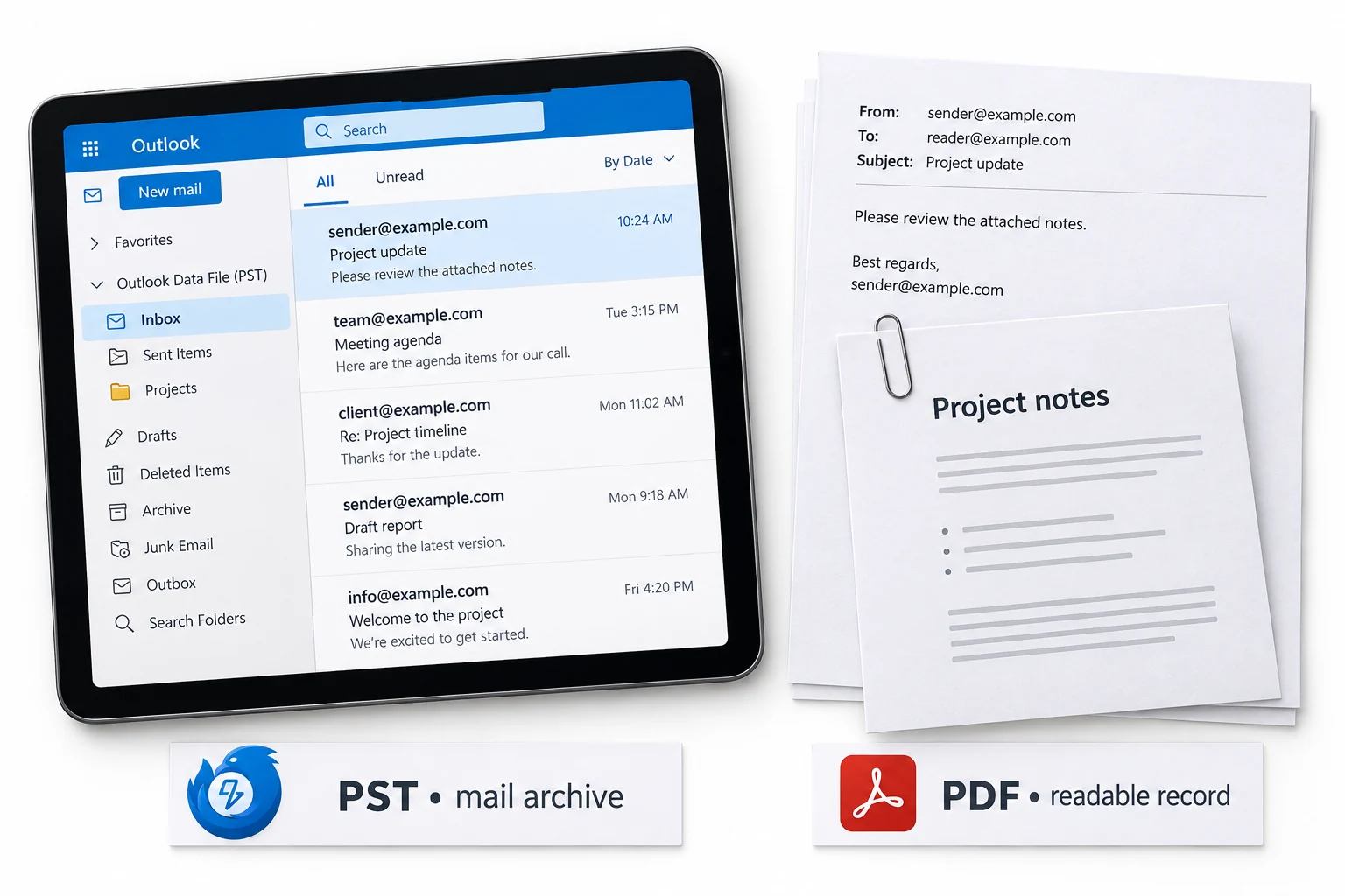 Outlook PST archive beside a readable PDF email record and its attachment.