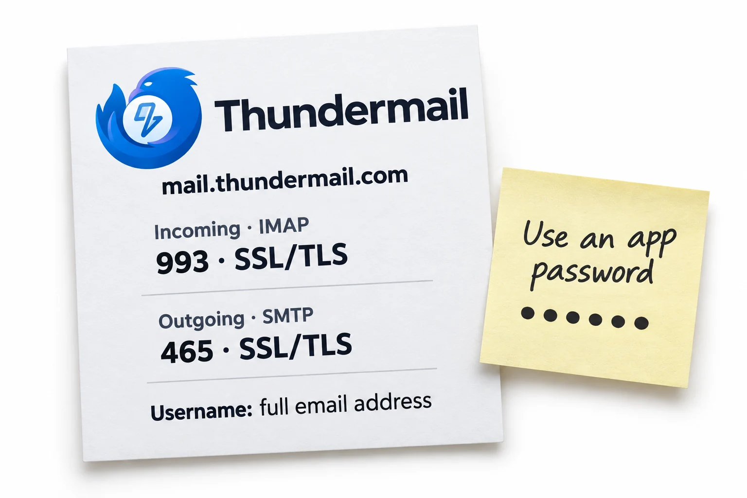 Thundermail configuration card showing IMAP 993 and SMTP 465 with SSL/TLS and an app-password reminder.