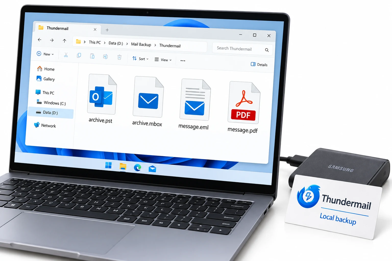 Thundermail backup files saved locally in Windows Explorer beside an external drive.