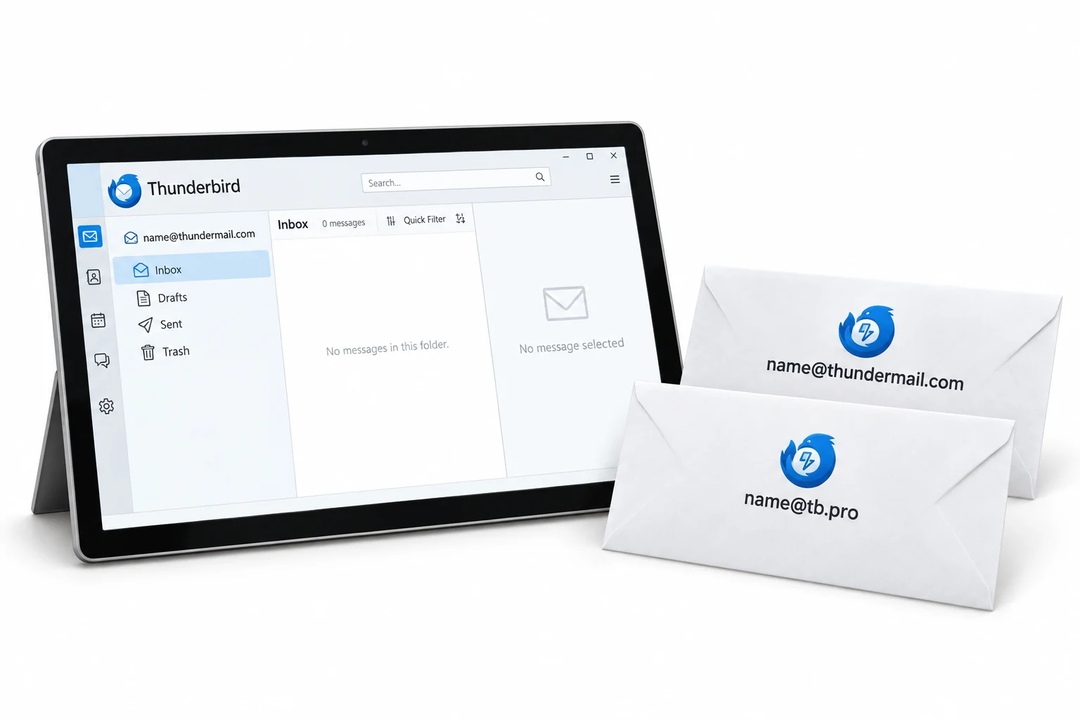 Thunderbird email client beside envelopes branded Thundermail with thundermail.com and tb.pro addresses.
