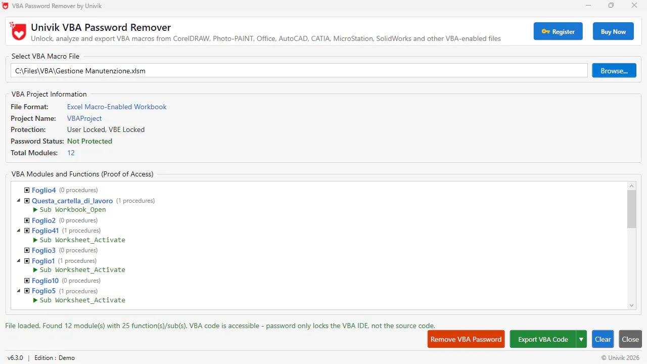 Excel VBA project details in the Univik remover listing the modules and forms kept intact after unlocking