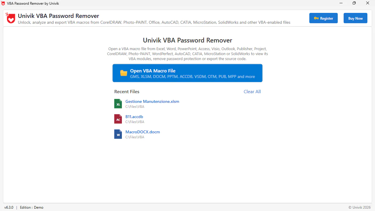Univik VBA Password Remover with a protected Excel XLSM workbook loaded and ready to unlock