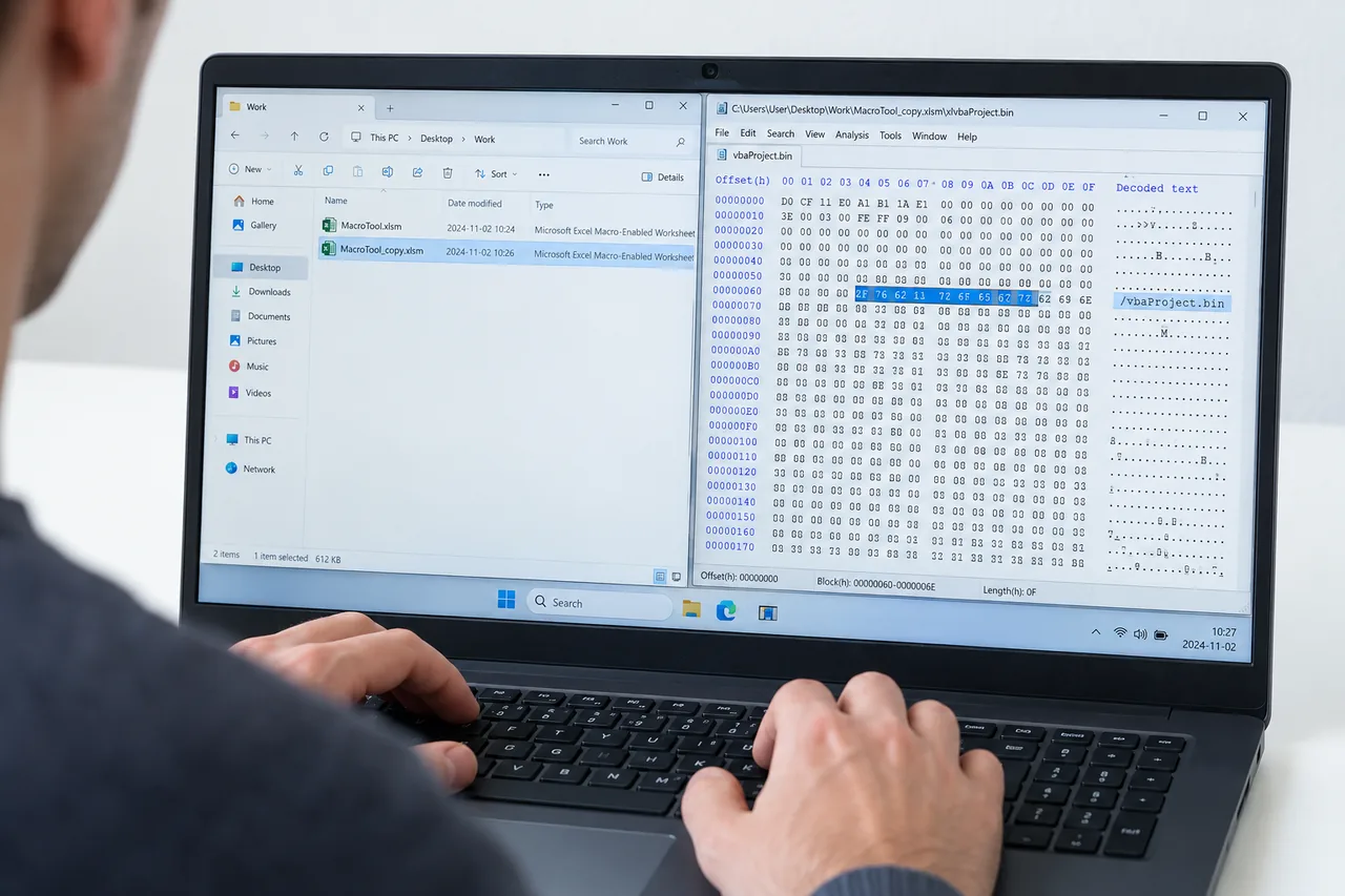 A developer working on a copied macro-enabled workbook while viewing vbaProject.bin in a hex editor