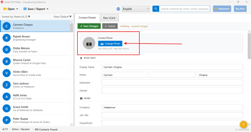 Univik VCF Editor edit contact screen showing the photo area for adding or replacing a contact photo in a vCard
