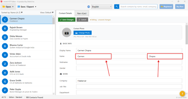 Univik VCF Editor edit contact screen with separate First Name and Last Name fields for fixing swapped names in a vCard