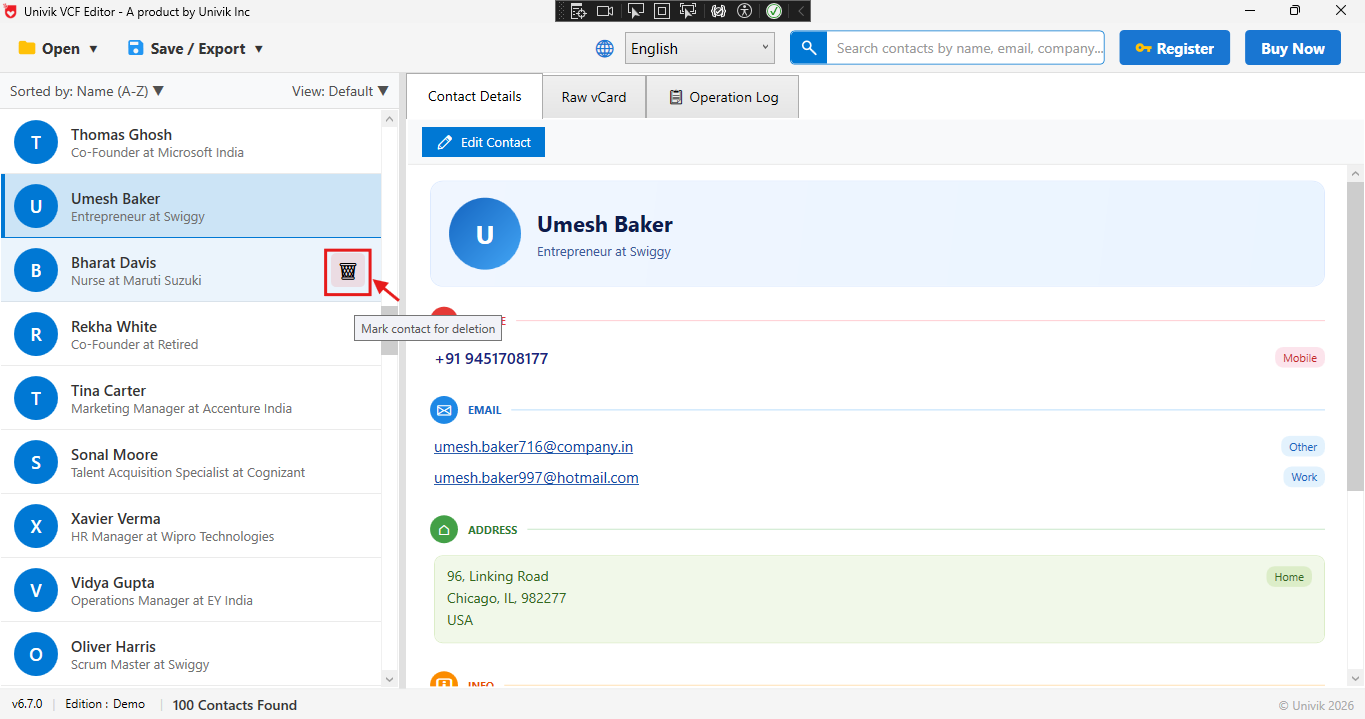 VCF Editor showing a trash icon on a contact when hovered, used to mark that contact for deletion
