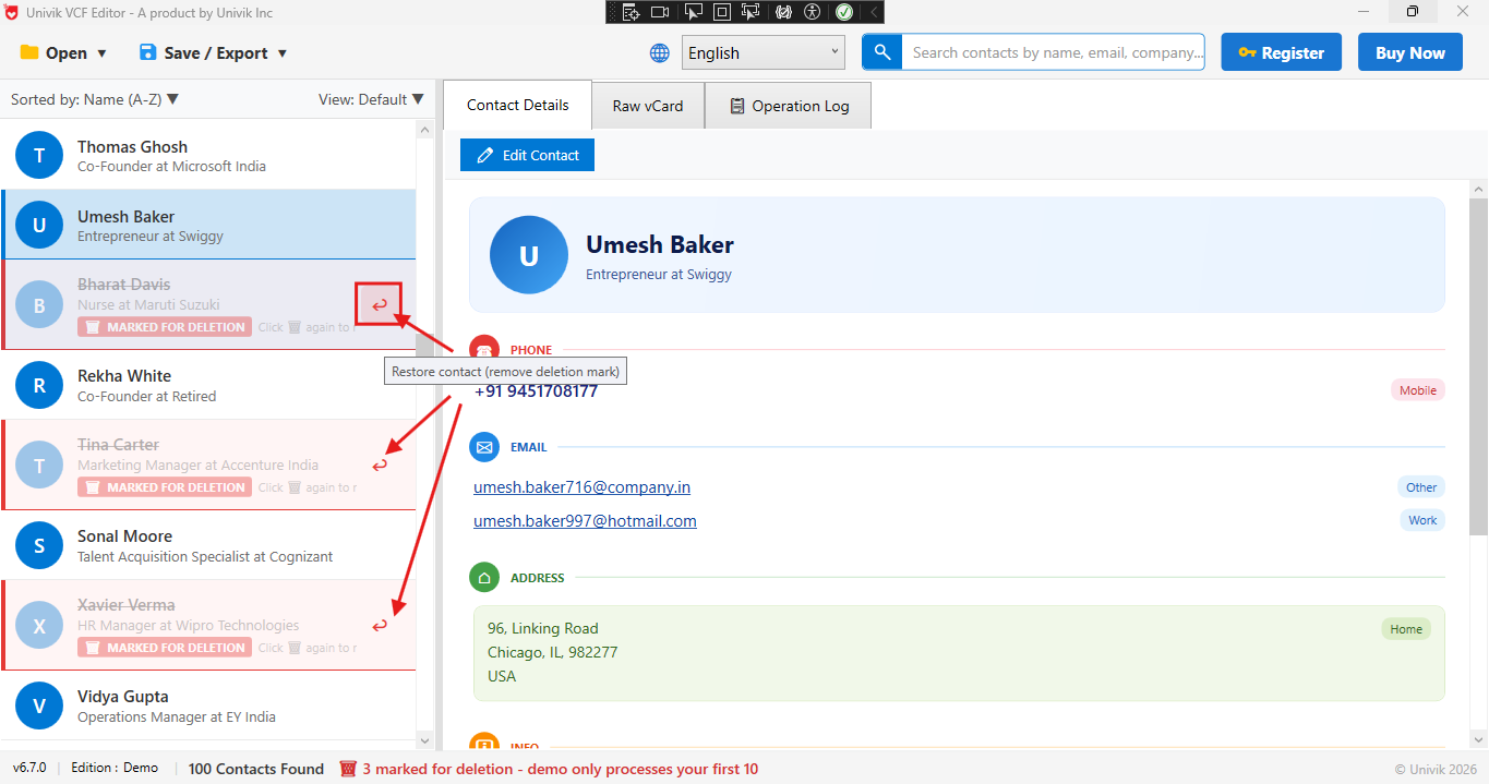 VCF Editor showing the option to remove the deletion mark from a contact that was marked by mistake
