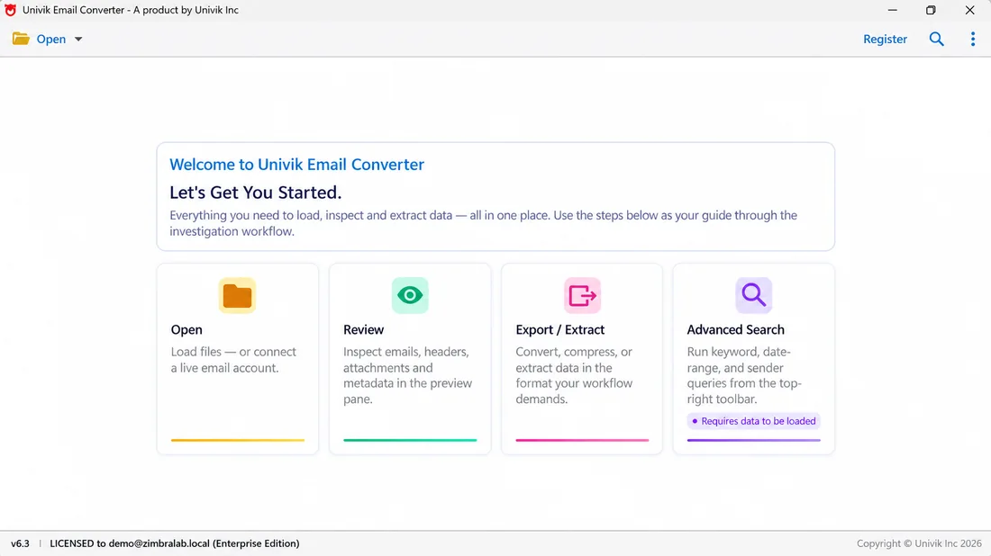 Univik Zimbra Converter welcome screen with the Open, Review, Export and Extract steps for converting a Zimbra TGZ file to PST