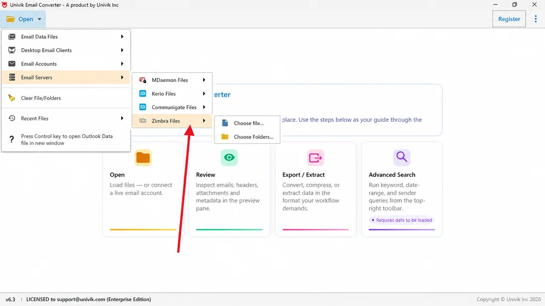 Loading a Zimbra TGZ export in Univik Zimbra Converter through Open, Email Servers, Zimbra Files, Choose file