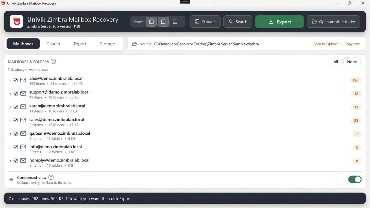 Mailboxes tab listing seven Zimbra Server accounts with item counts, folder counts and sizes, every mailbox ticked, source path shown above the list