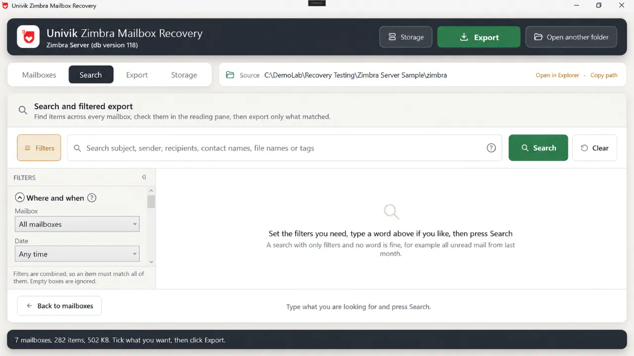 Search tab of Univik Zimbra Mailbox Recovery with a search box for subject, sender, recipients, contact names, file names or tags, a Filters panel with Mailbox and Date drop-downs, and a Search button