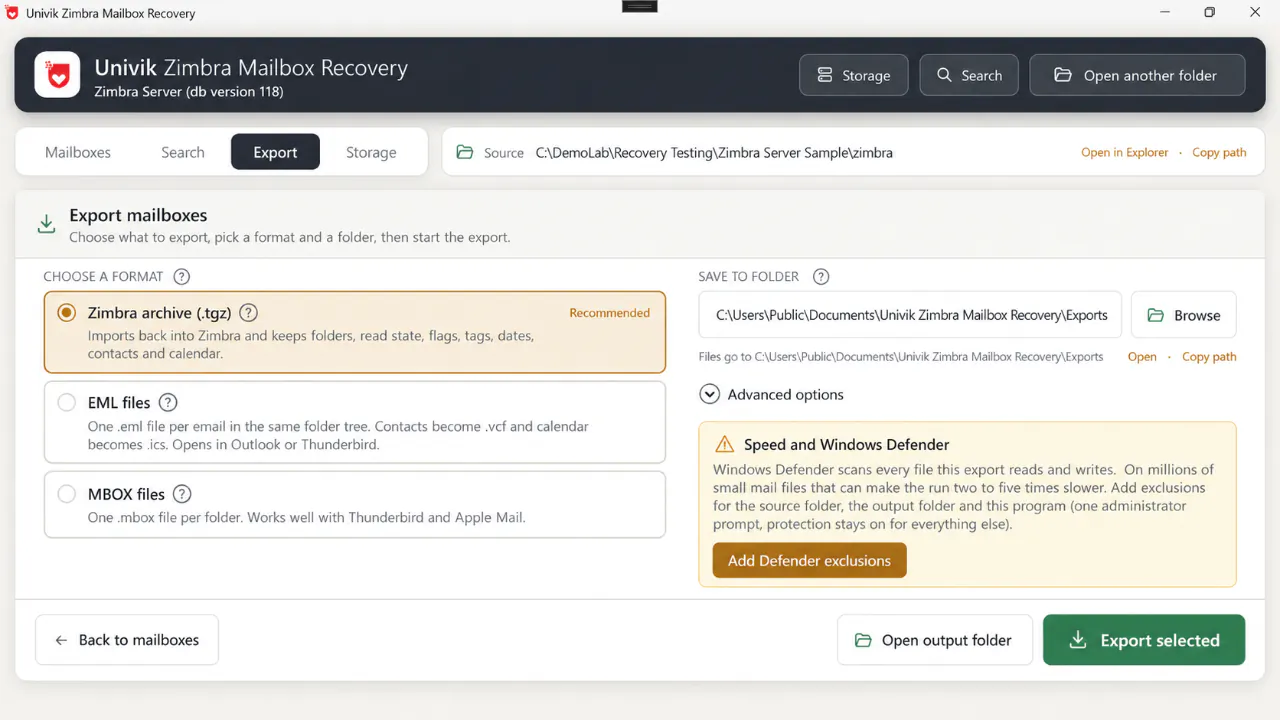 Export tab with Zimbra archive .tgz selected and marked Recommended, EML files and MBOX files as alternatives, a Save to folder box, Advanced options, a Windows Defender speed note with an Add Defender exclusions button, and an Export selected button
