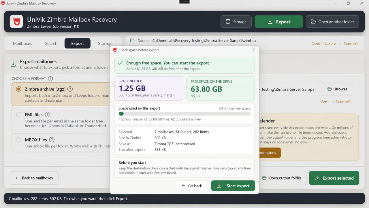 Check space before export dialog showing 2.00 GB needed with a safety margin, 47.42 GB free on drive C, a summary of 7 mailboxes, 78 folders and 306 items saved as compressed Zimbra TGZ, and a Start export button